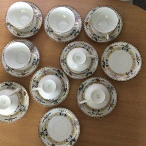 18pcs Hand painted Noritake Green M in wreath mark 8 cups & 10 saucers eggshell